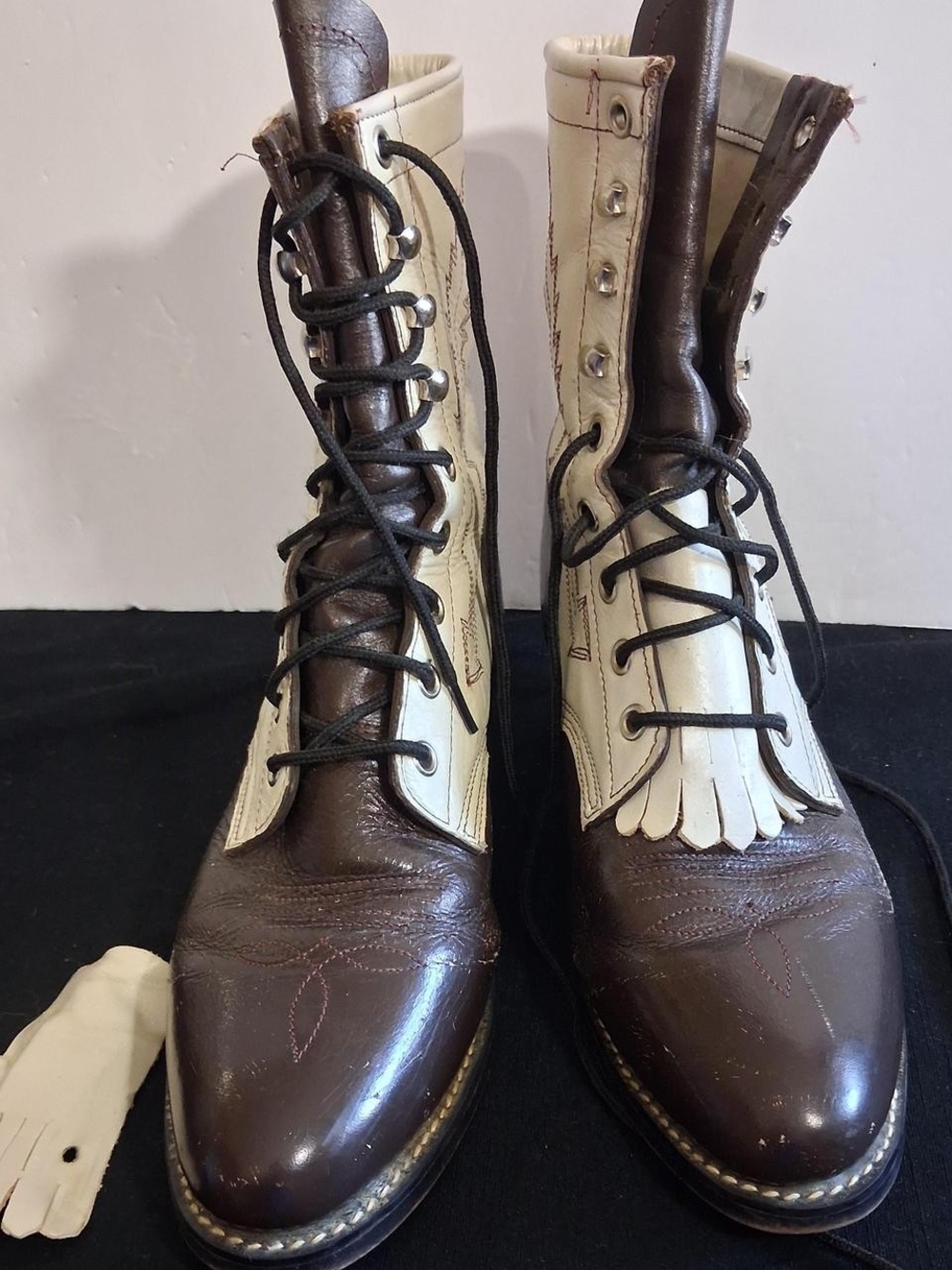 Women's Justin Two-Tone Brown and Cream Leather Lace-Up Boots